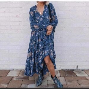 Spell Aurora Floral Boho Tiered Dress in Blue Size L